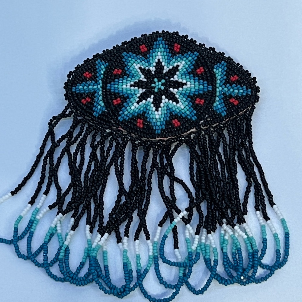 Handmade Alaska Native Beaded Barrette with black/white/red/blues star & dangles